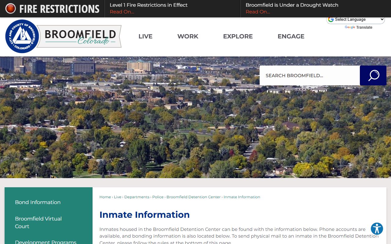 Broomfield inmate information page with active booking link