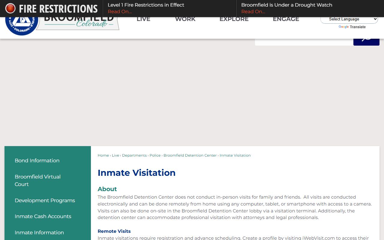 Broomfield inmate visitation page with iWebVisit rules