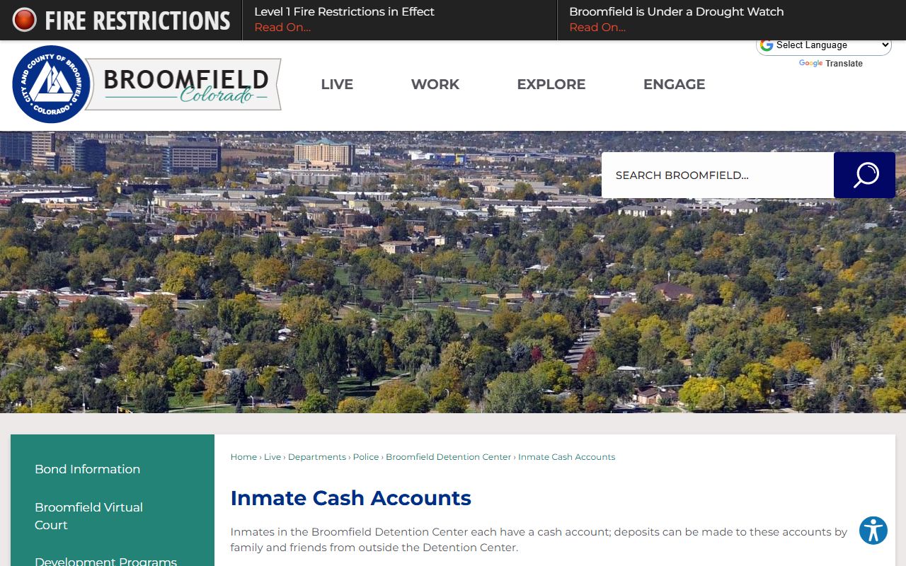 Broomfield inmate cash accounts page with JailATM and kiosk deposit rules