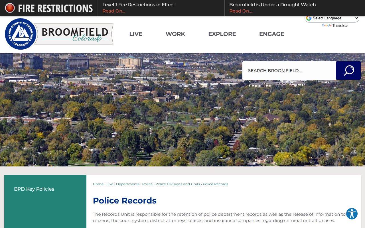 Broomfield County jail mugshots Police Records Unit request page